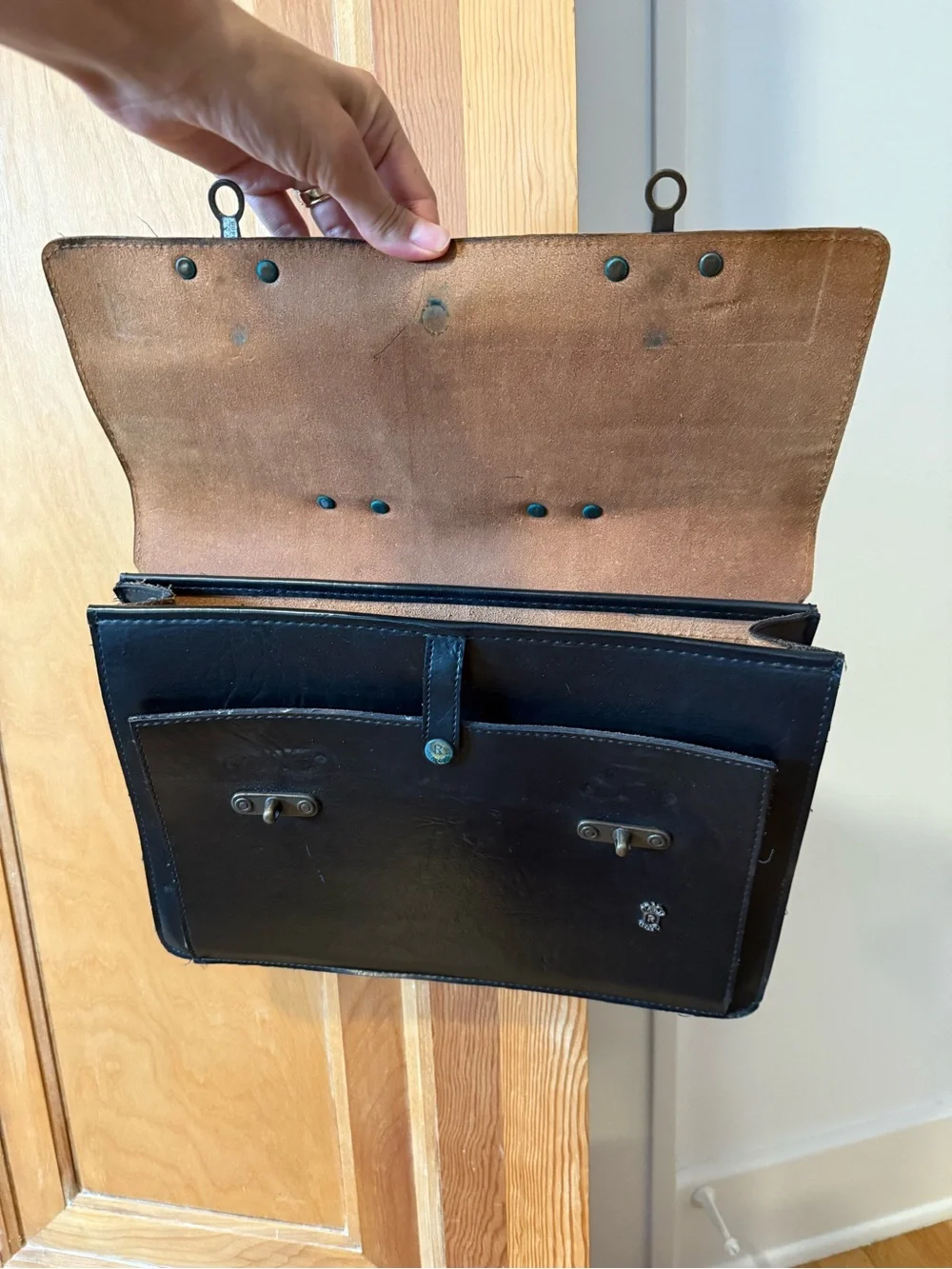 Men's Vintage Black Leather Briefcase with Antique Brass Hardware Work Travel